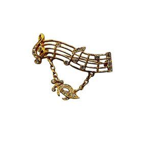 Signed ORA Vintage Musical Pin Brooch with Dangling Charm Gold Tone & Rhinestone